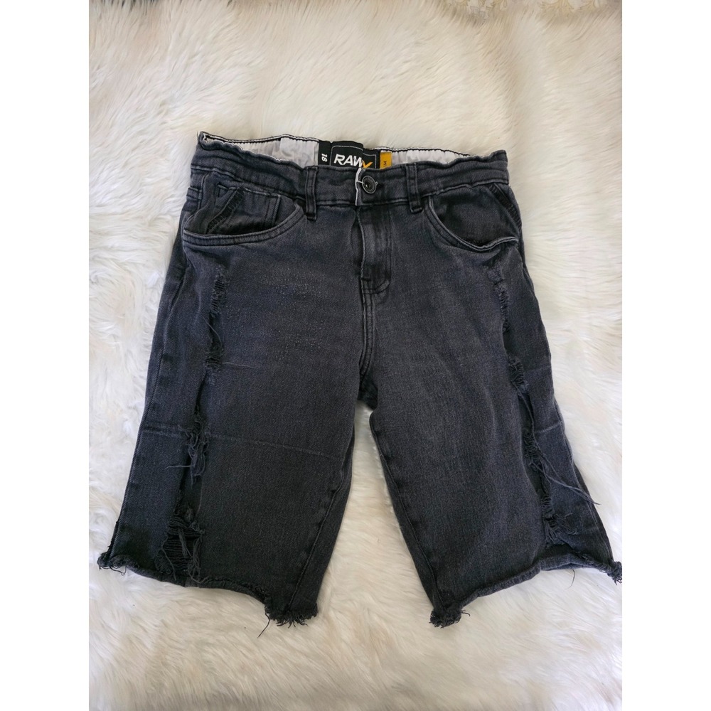 RAWX Boys 18 Slim Black Distressed Denim Jean Shorts Frayed Hem